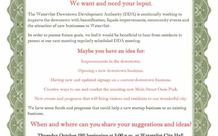 DDA looking for Community input on vision for Watervliet Michigan 